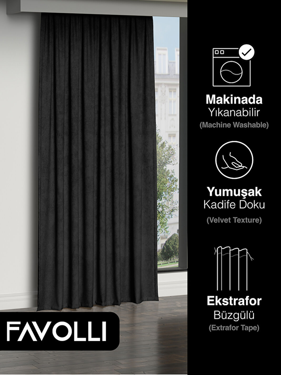 FAVOLLİ Kadife Dokulu Siyah Ada Fon Perde Ekstrafor Büzgülü Dream Series