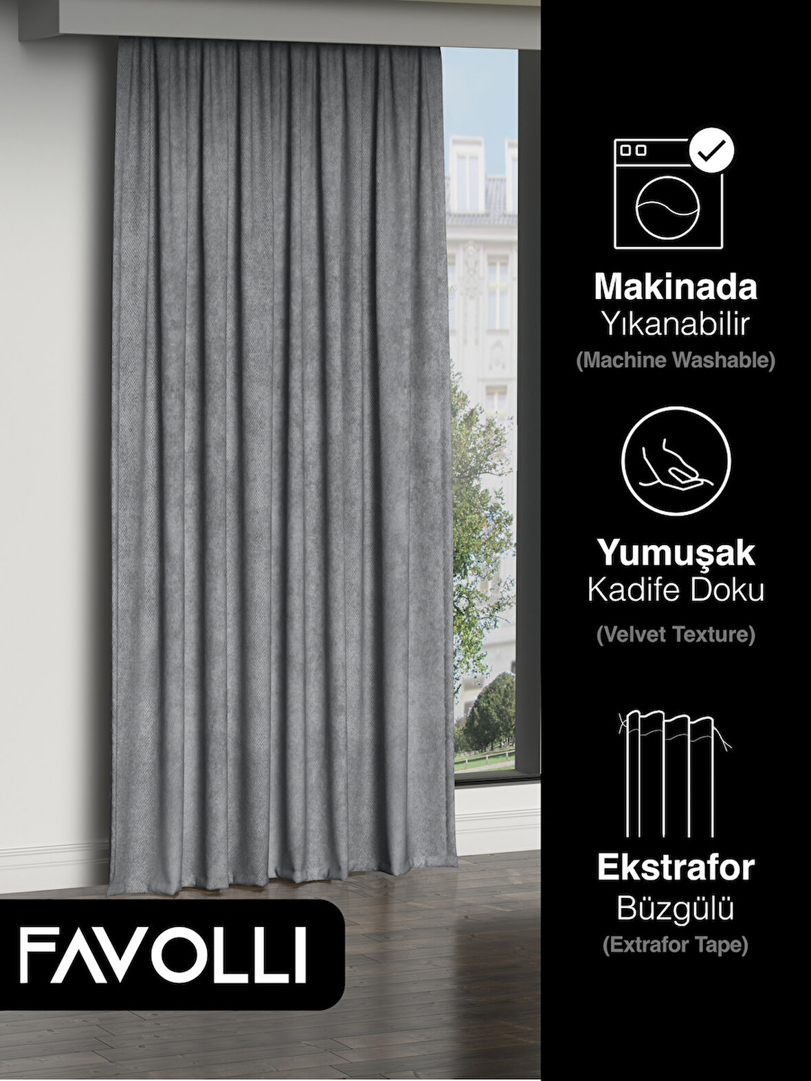 FAVOLLİ Kadife Dokulu Gümüş Grisi Ada Fon Perde Ekstrafor Büzgülü Dream Series