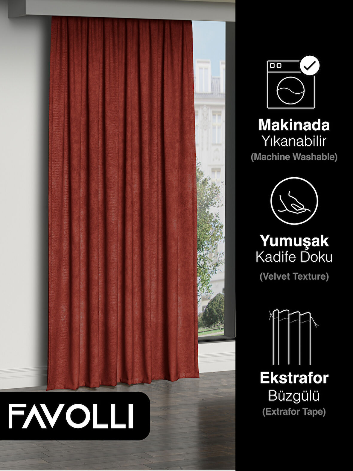 FAVOLLİ Kadife Dokulu Kiremit Rengi Ada Fon Perde Ekstrafor Büzgülü Dream Series