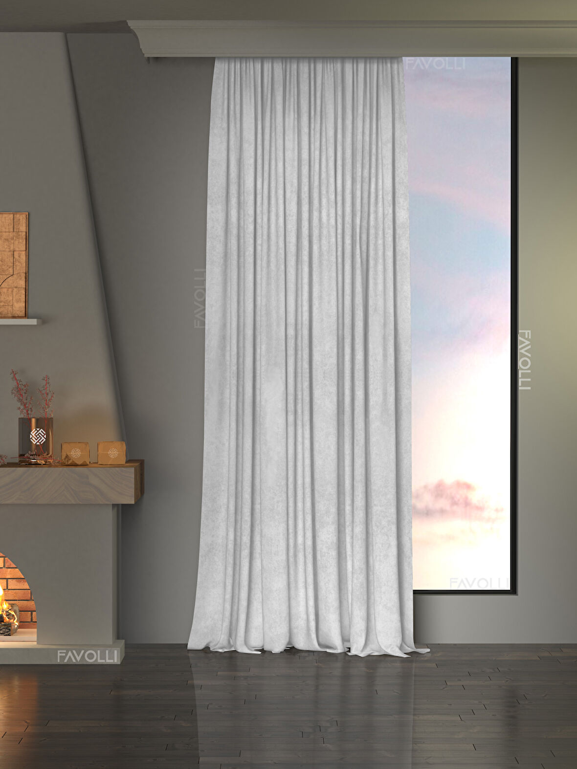 Kadife Dokulu Beyaz Ada Fon Perde Ekstrafor Büzgülü Dream Series