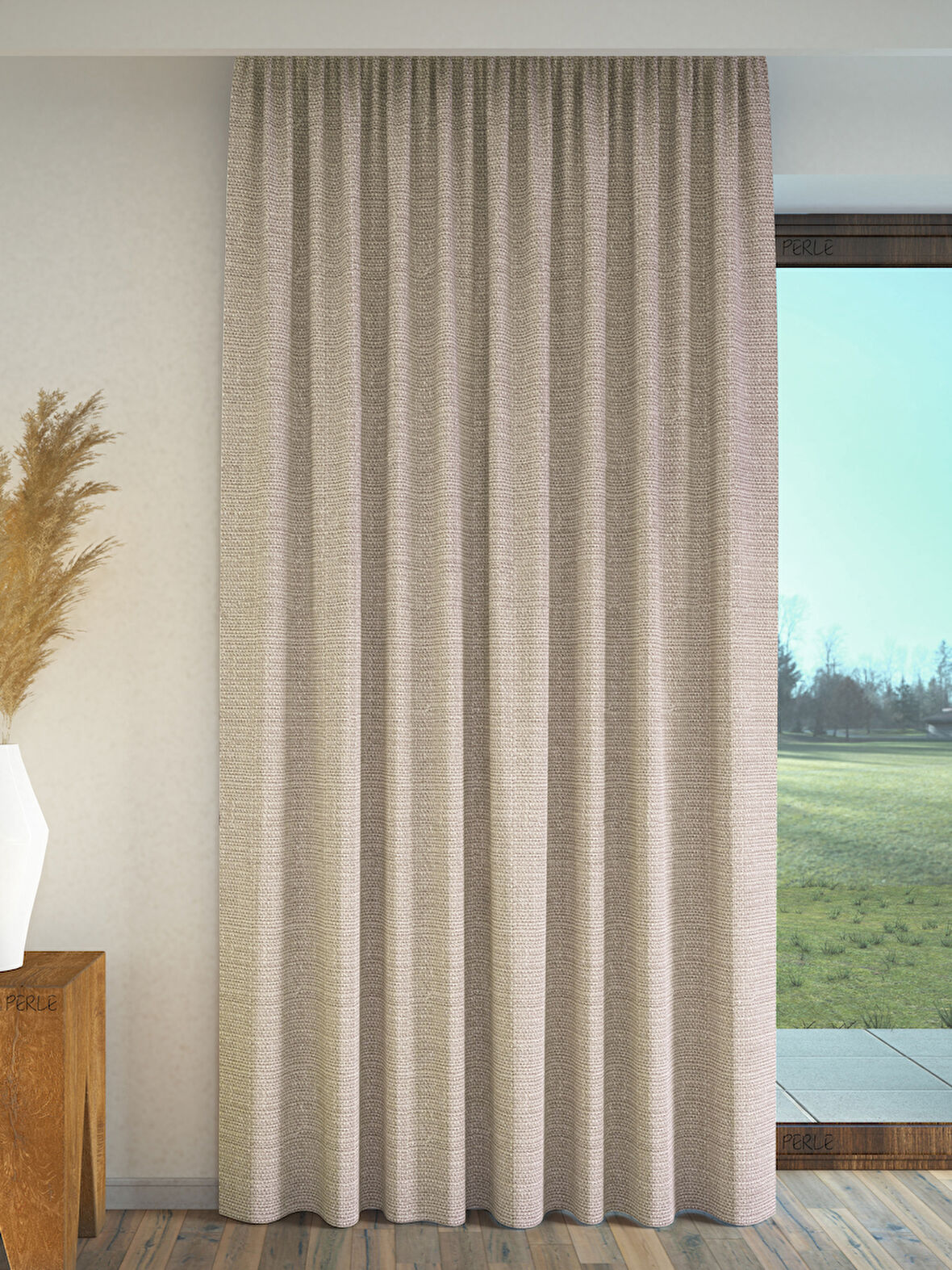 PERLE Taş Rengi Keten Dokulu Fon Perde Ekstrafor Büzgülü