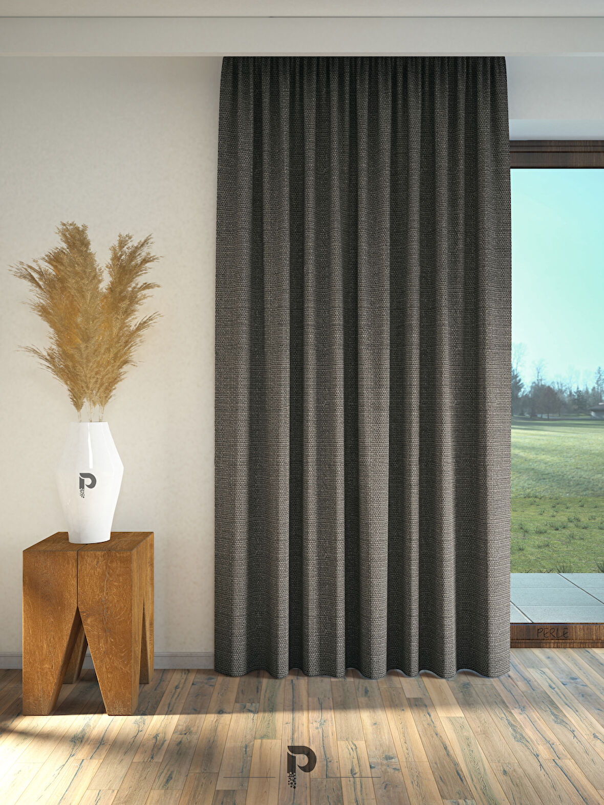 PERLE Koyu Gri Renk Keten Dokulu Fon Perde Ekstrafor Büzgülü