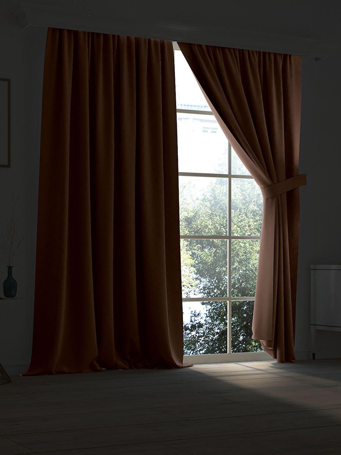 Yüksek Kalite Koyu Kahve Karartma Blackout Fon Perde Ekstrafor Büzgülü Tek Kanat