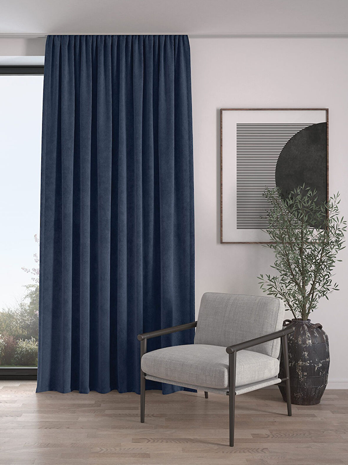 Kadife Dokulu Ekstrafor Büzgülü Lacivert Yüksek Kalite Fon Perde Tek Kanat