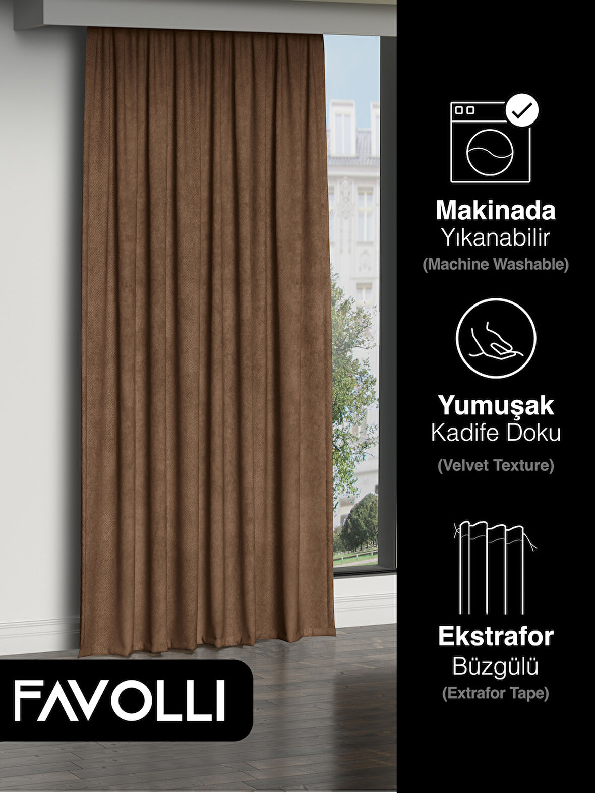 FAVOLLİ Kadife Dokulu Kahverengi Ada Fon Perde Ekstrafor Büzgülü Dream Series