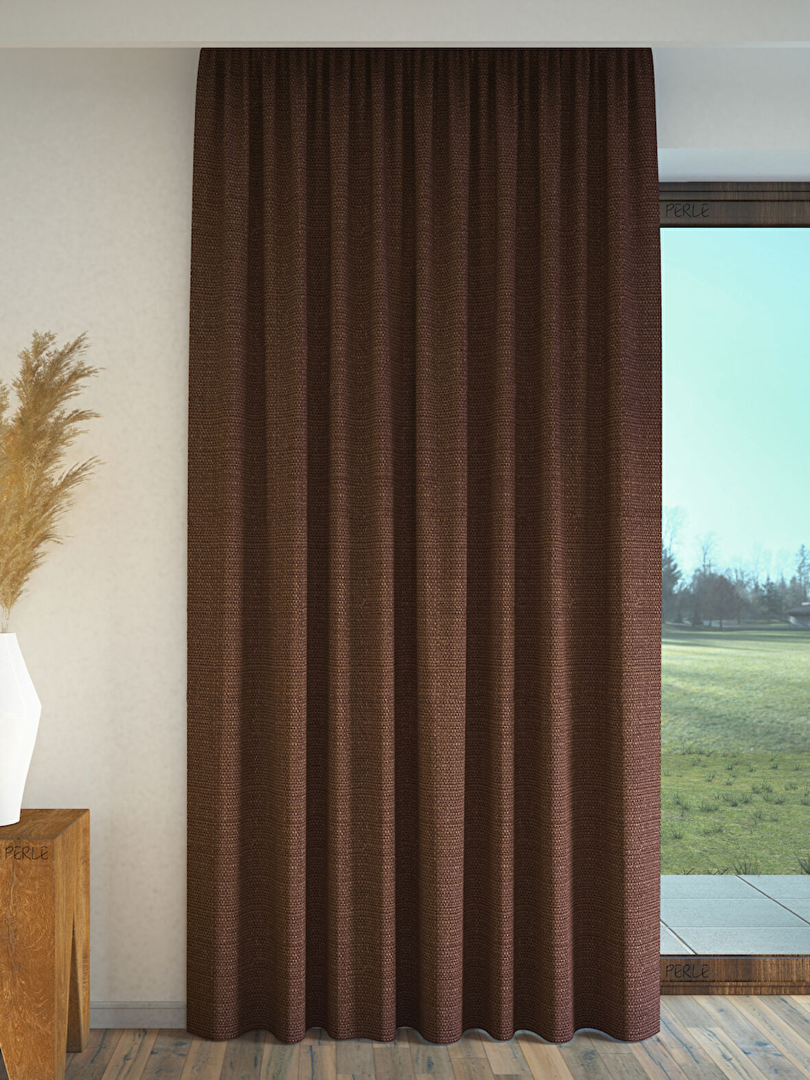 PERLE Kahverengi Keten Dokulu Fon Perde Ekstrafor Büzgülü
