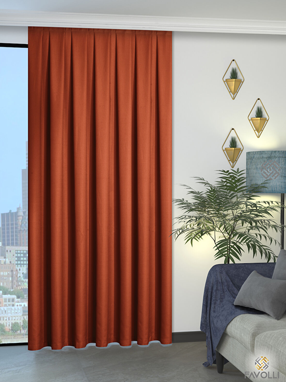 Favolli Kiremit Rengi Pileli Keten Dokulu Fon Perde 