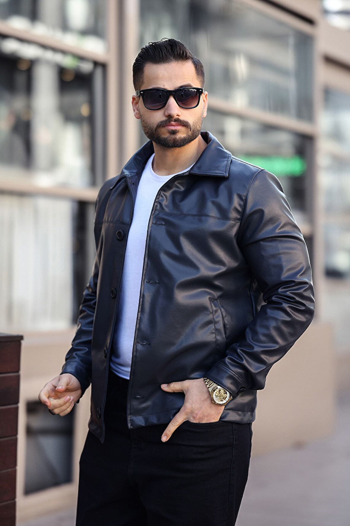 Klasik Yaka Siyah Erkek Deri Ceket