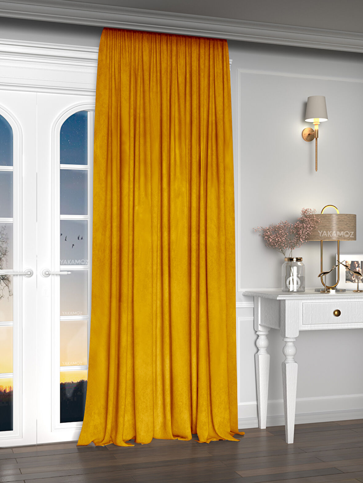 Yakamoz Kadife Görünüm Balpeteği Sarısı Ada Fon Perde Ekstraforlu Velvet Touch Serisi
