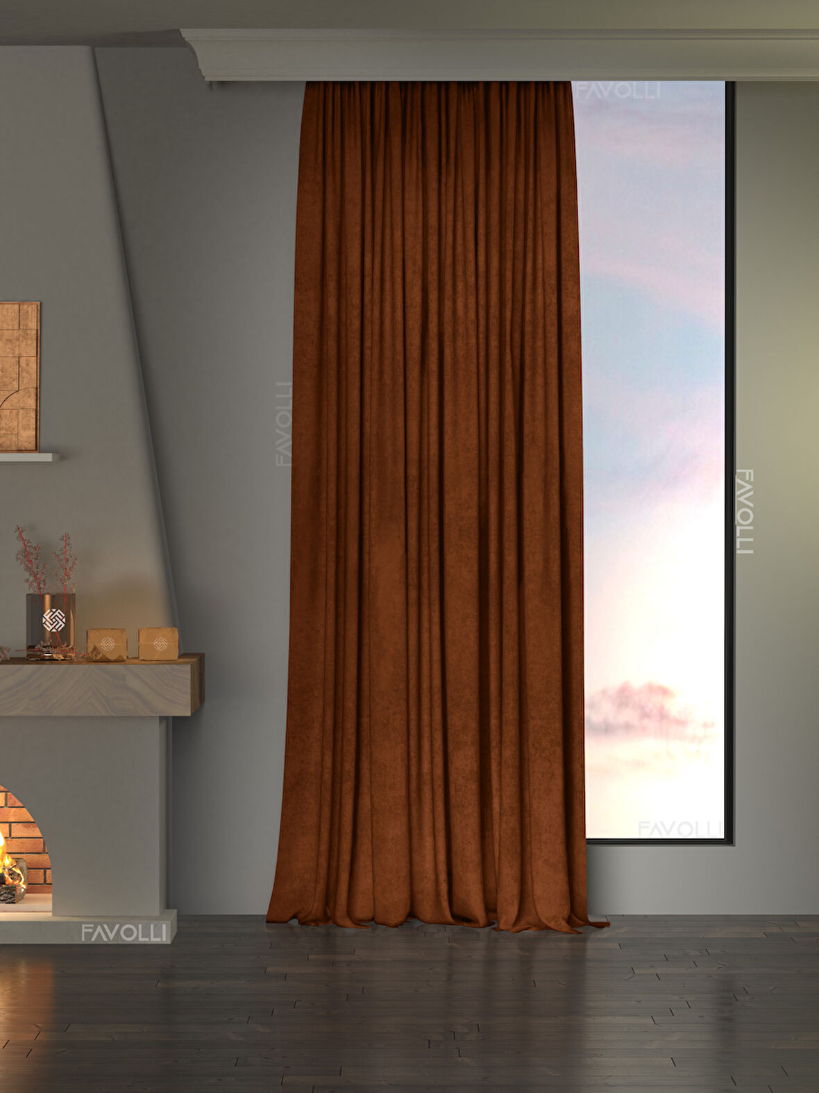 Kadife Dokulu Kiremit Rengi Ada Fon Perde Ekstrafor Büzgülü Dream Series