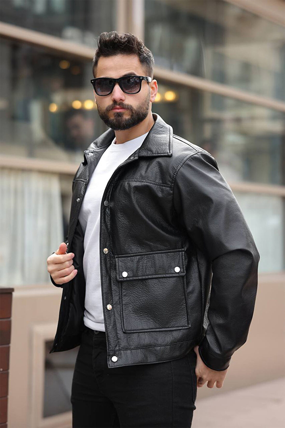 Erkek Klasik Yaka Siyah Deri Ceket