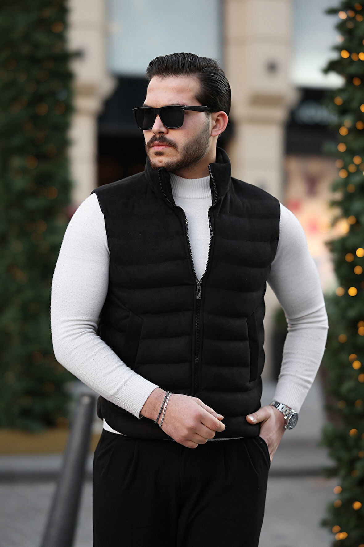 Erkek Standart Fit Dik Yaka Cepli Fermuarlı Siyah Süet Yelek