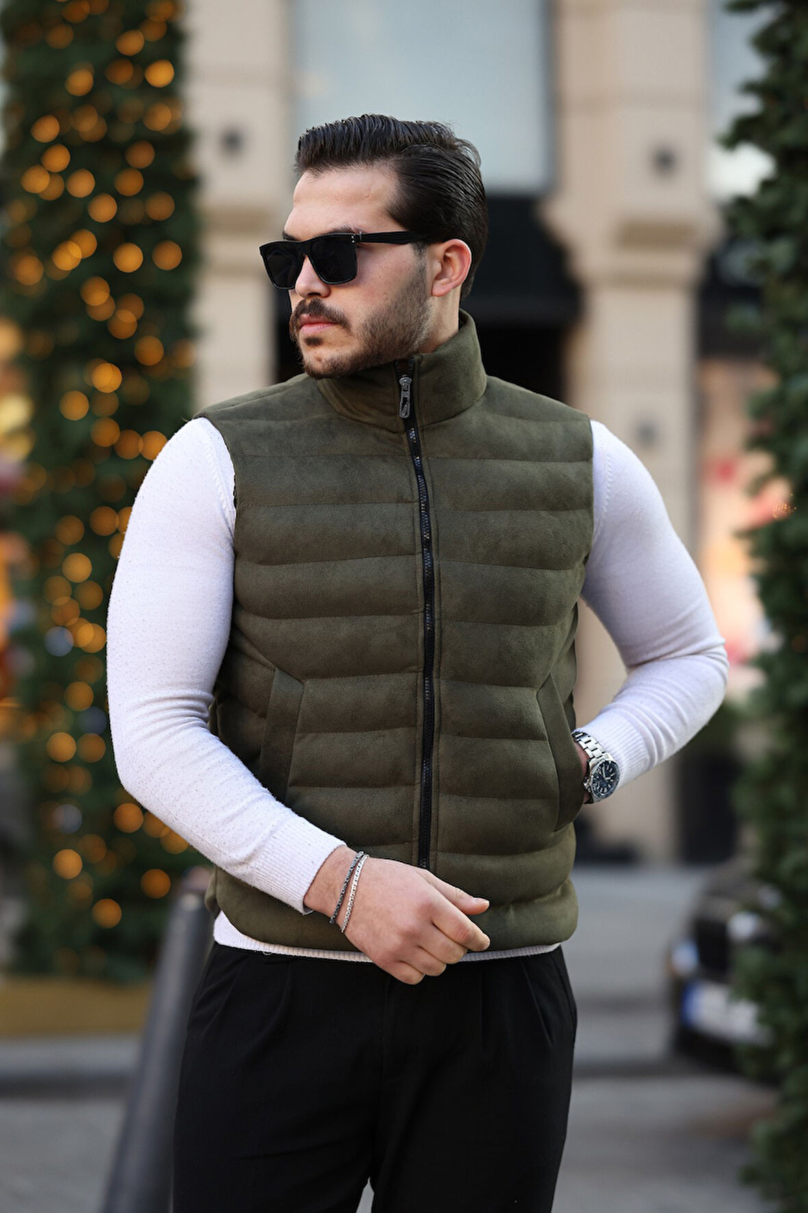 Erkek Standart Fit Dik Yaka Cepli Fermuarlı Haki Süet Yelek