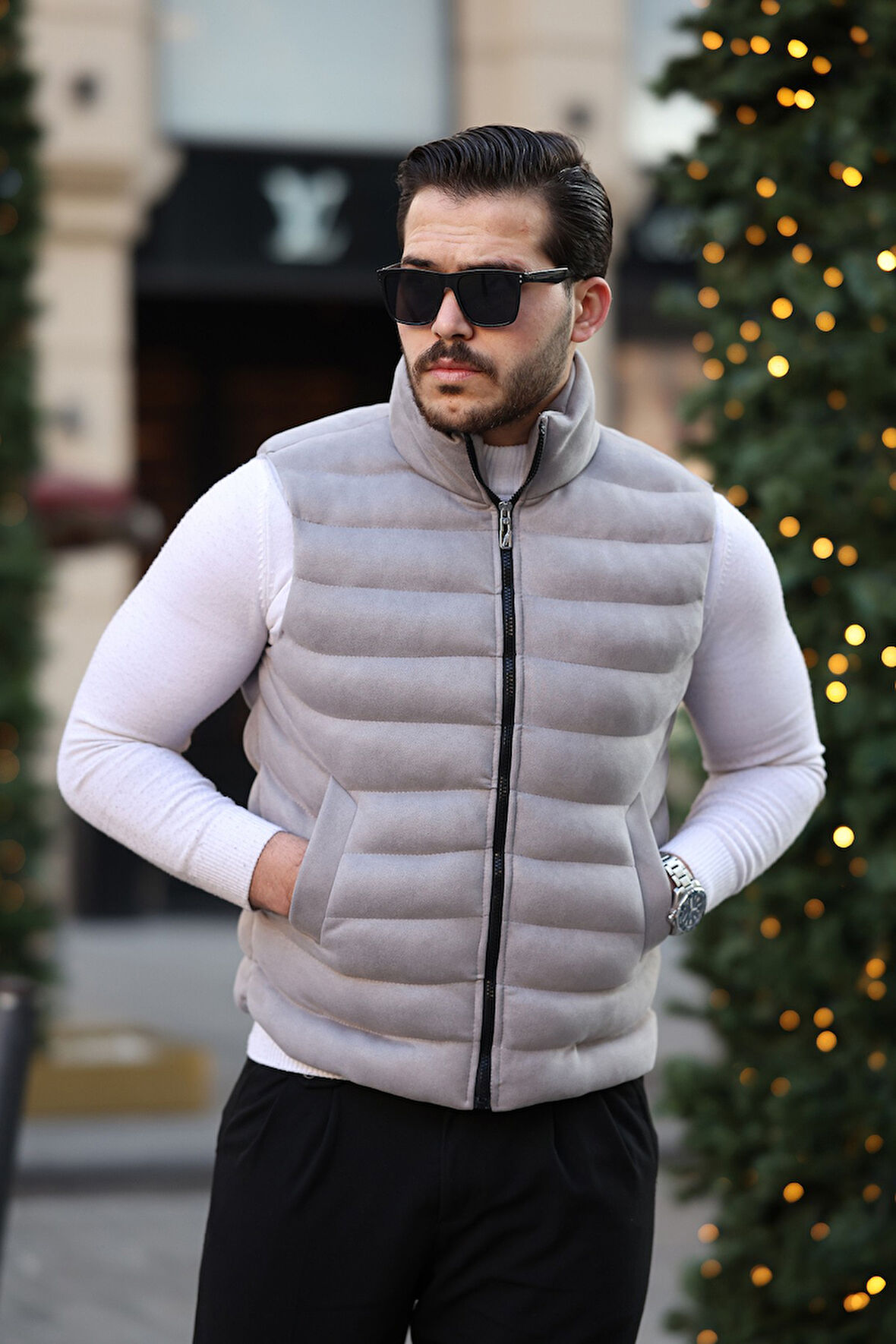 Erkek Standart Fit Dik Yaka Cepli Fermuarlı Gri Süet Yelek