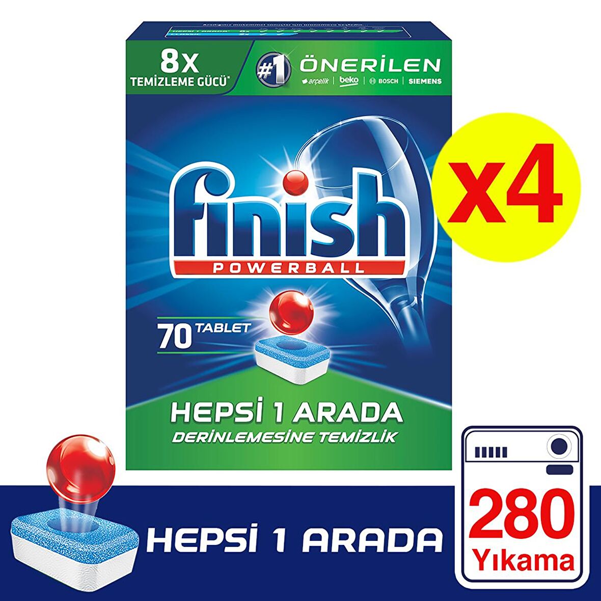 Finish Hepsi Bir Arada 280 Yıkama Tablet Bulaşık Makinesi Deterjanı 4x70 Adet 