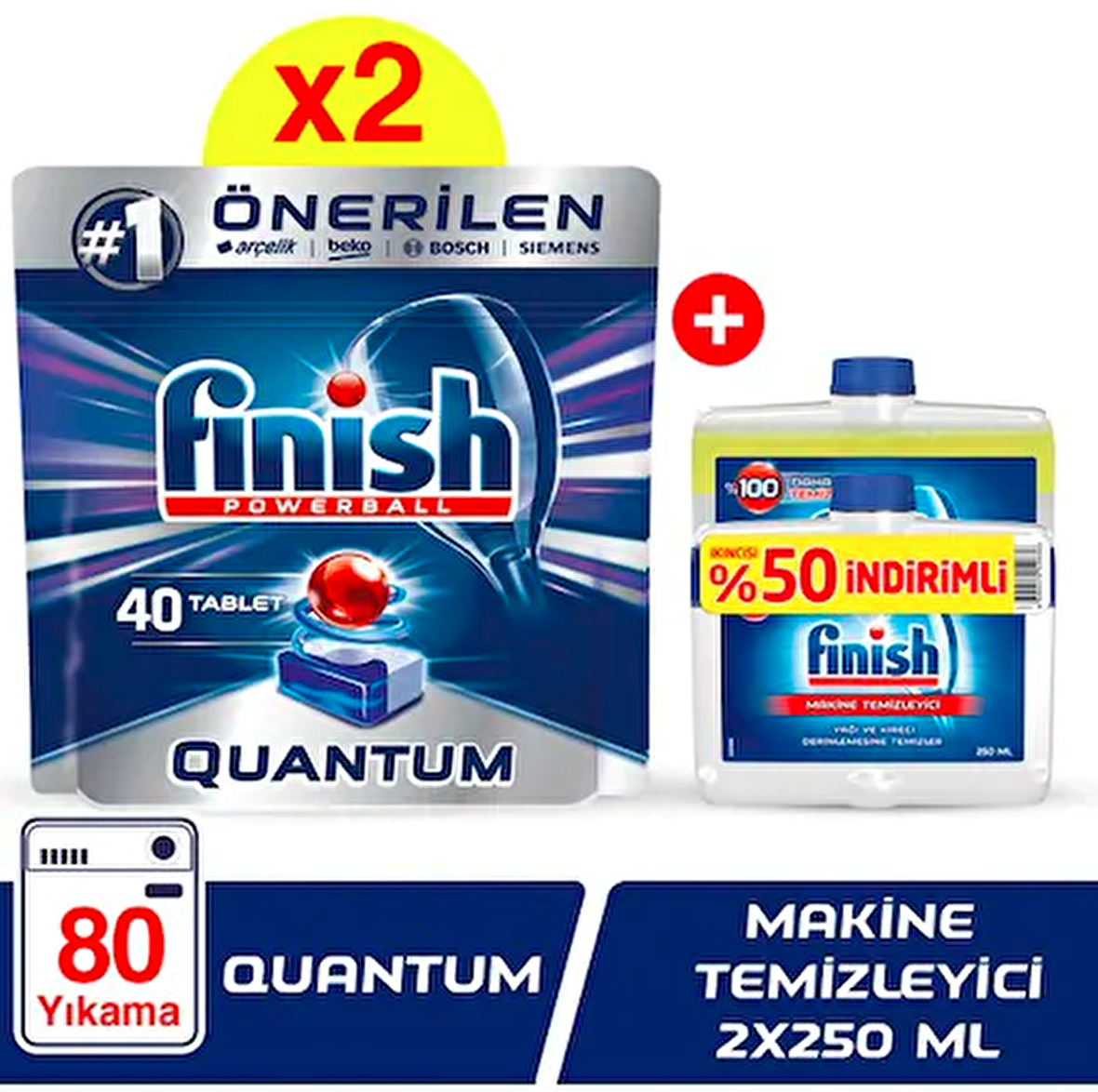 Finish Quantum 80 Yıkama Tablet Bulaşık Makinesi Deterjanı 2x40 Adet & Bulaşık Makinesi Temzileyici 2x250 ml 