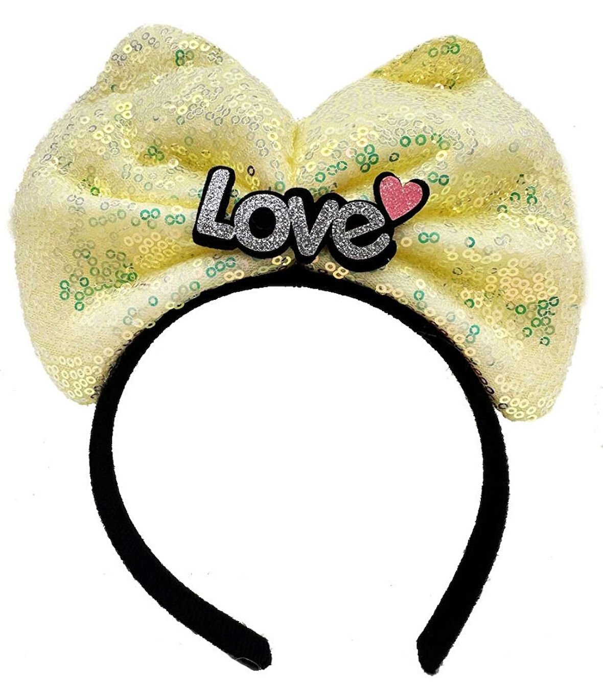 Çocuk   Led Işıklı 3 Farklı Fonksiyonda Yanan Gümüş Love Yazılı Sarı Fiyonk Taç 20X17 cm