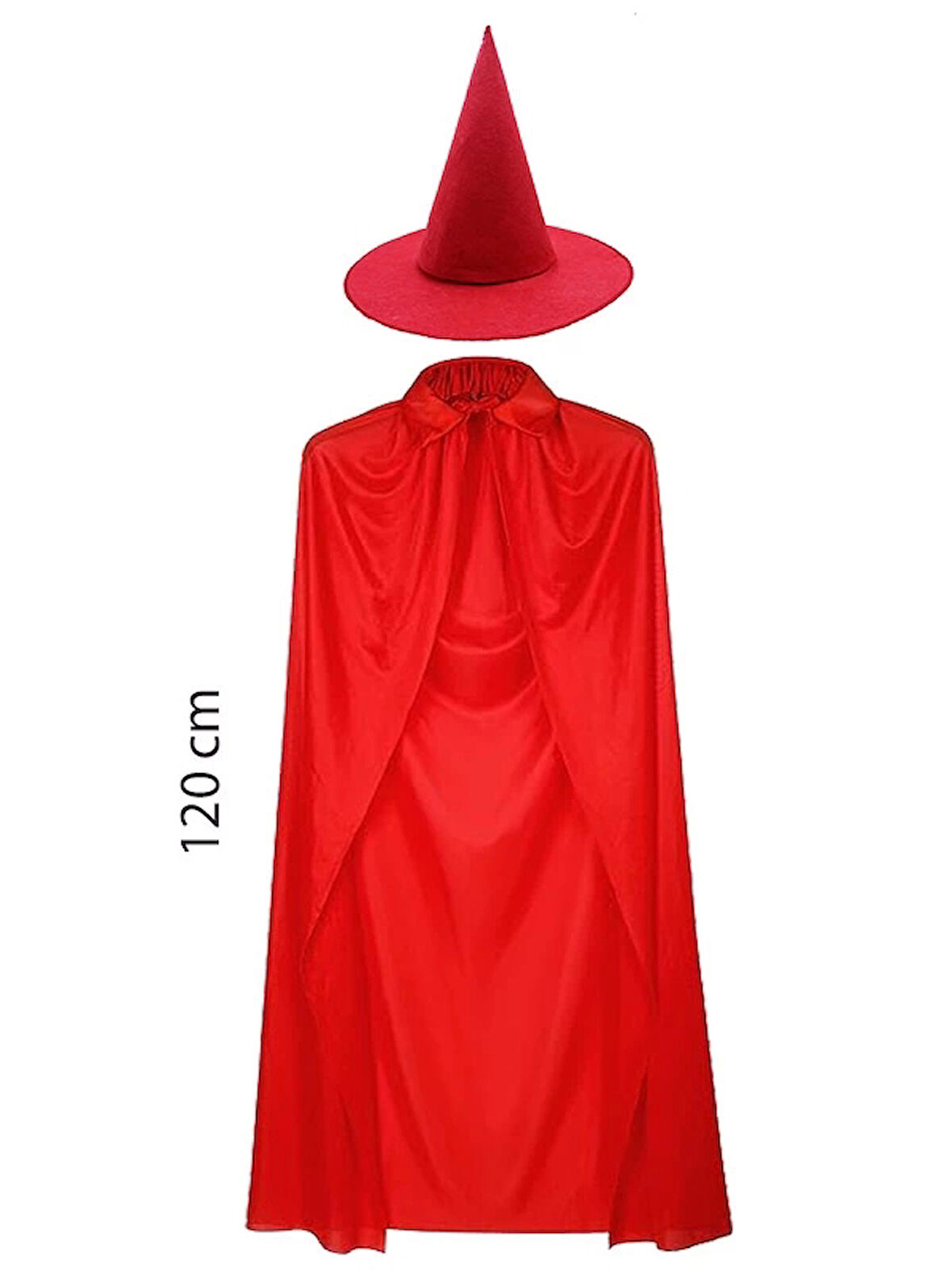Çocuk Yetişkin Boy 120 cm Kırmızı Yakalı Pelerin ve Kırmızı Cadı Şapkası