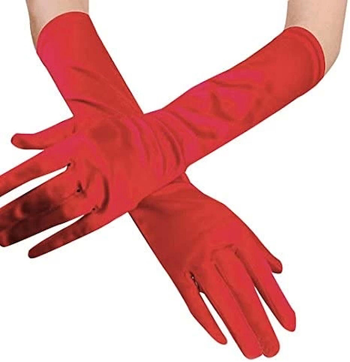 Çocuk Kırmızı Renk Dirseğe Kadar Uzun Kumaş Eldiven 40 cm