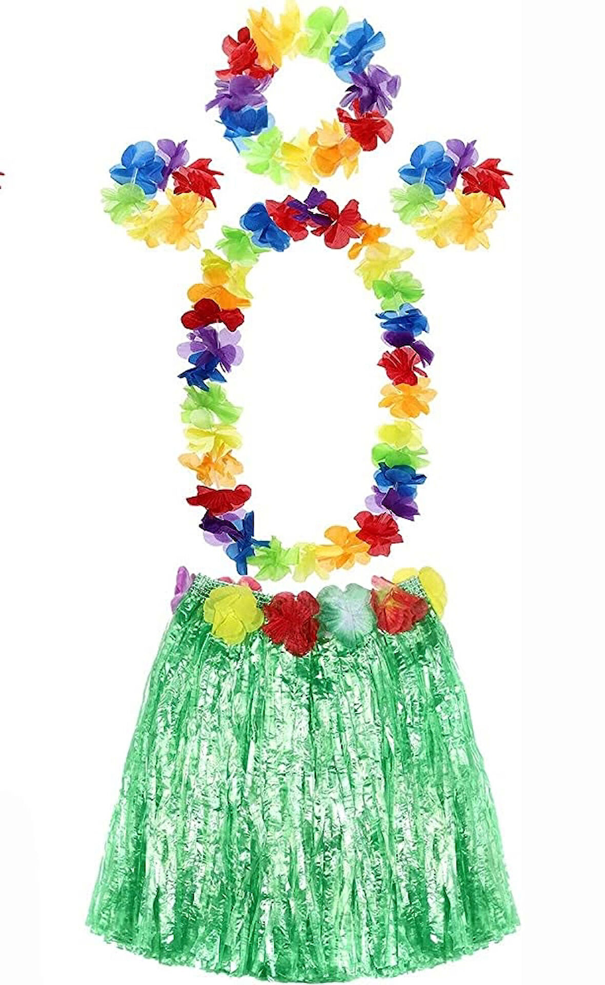 Çocuk Yetişkin ve Çocuk Uyumlu Luau Aloha Hawaii Yeşil Etek ve Renkli Kolye Taç 2 Adet Bileklik Seti