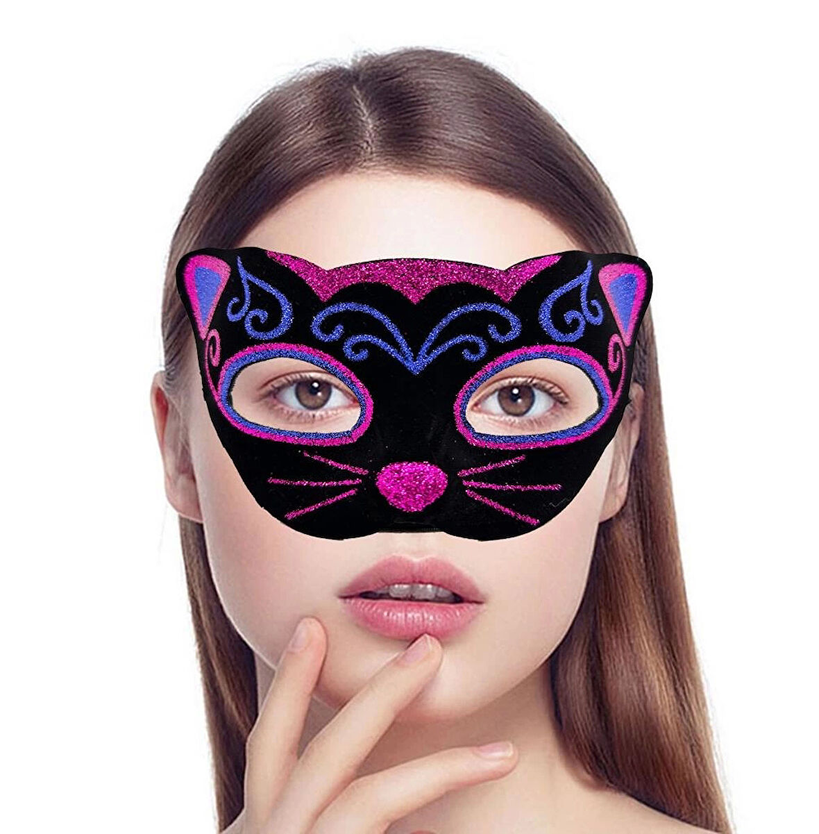 Çocuk Siyah Kadife Kaplama Üzeri Pembe Mavi Sim İşlemeli Kedi Maskesi 20x13 cm