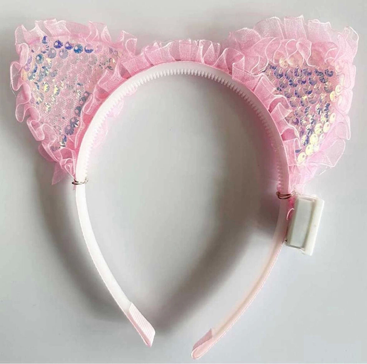 Çocuk Kenarları Dantelli Pembe Pullu Payetli Led Işıklı Kedi Kulak Taç 17x19 cm