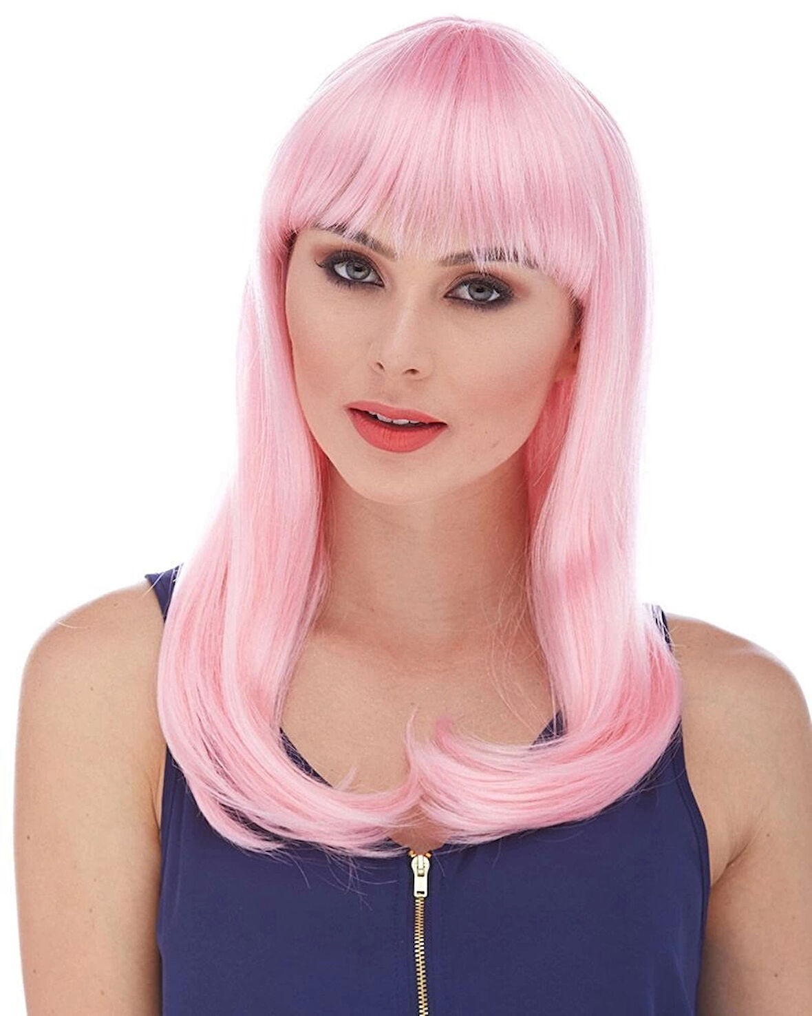 Soft Pembe Uzun Düz Parti Peruğu Çocuk Ve Yetişkin Kostüm Tamamlayıcı