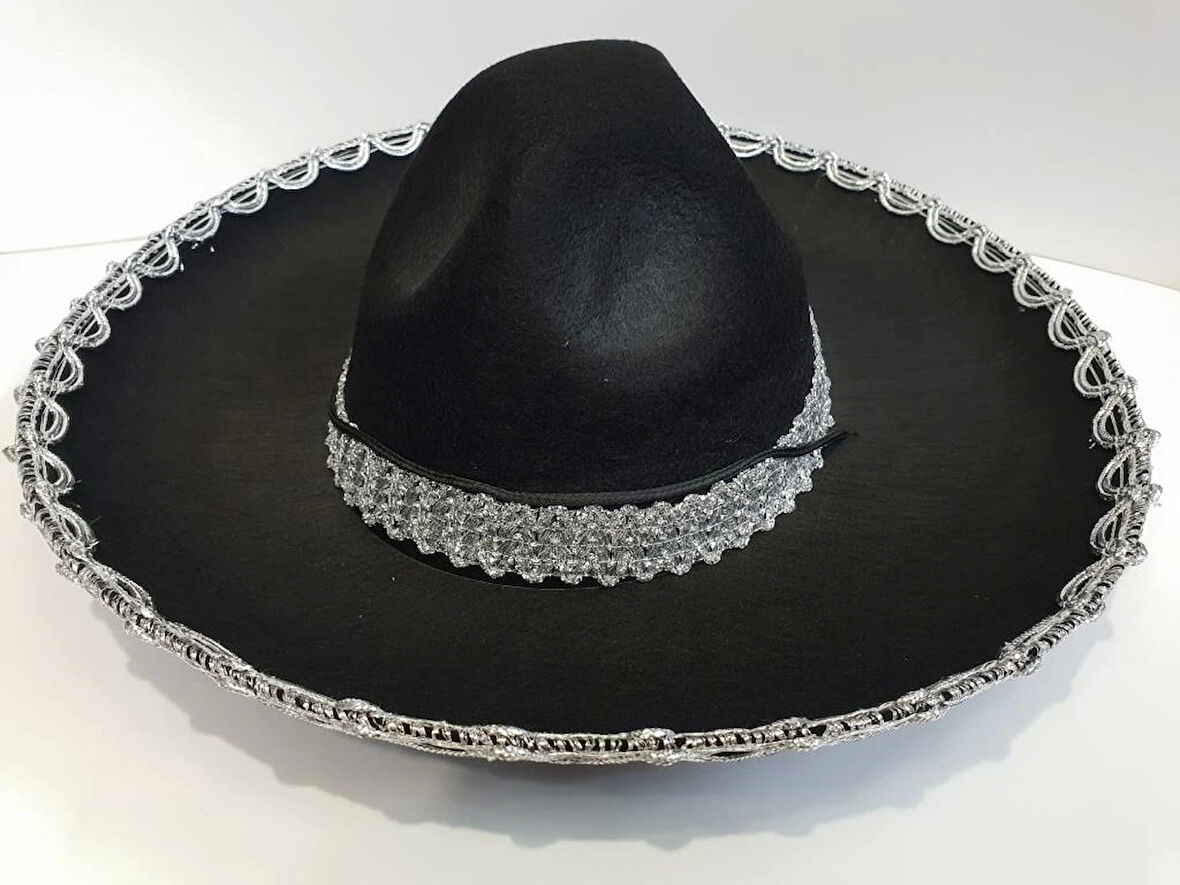 Gümüş Renk Şeritli Meksika Mariachi Latin Şapkası 55 cm Çocuklar İçin Eğlenceli Şapka