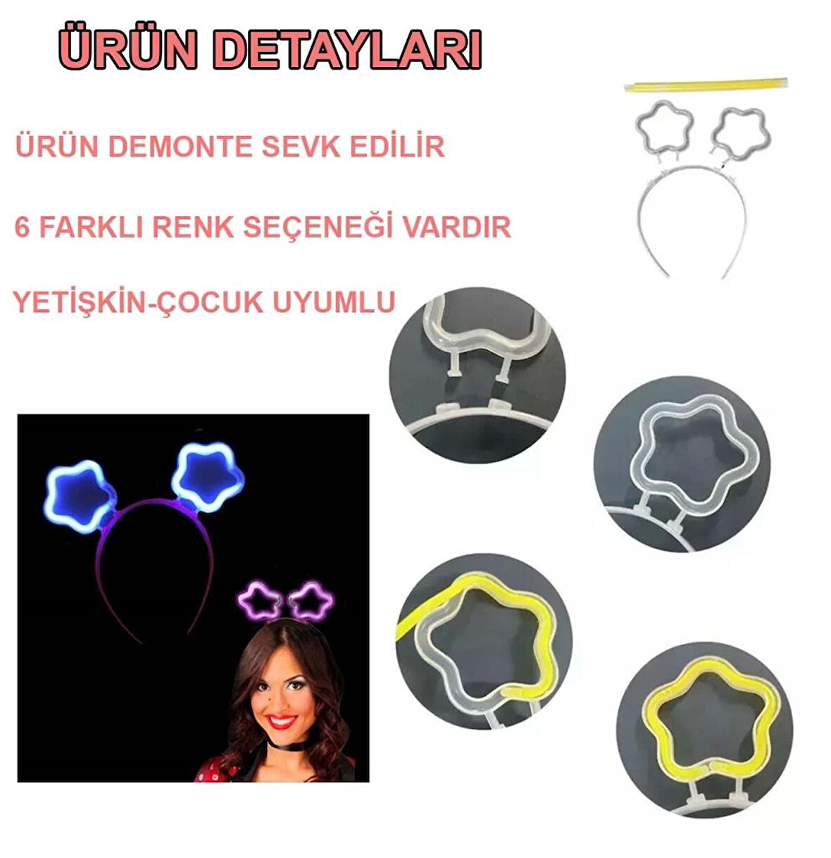 Glow Stick Karanlıkta Yanan Fosforlu Yıldız Taç Eğlenceli Parti Aksesuarı 12 Adet