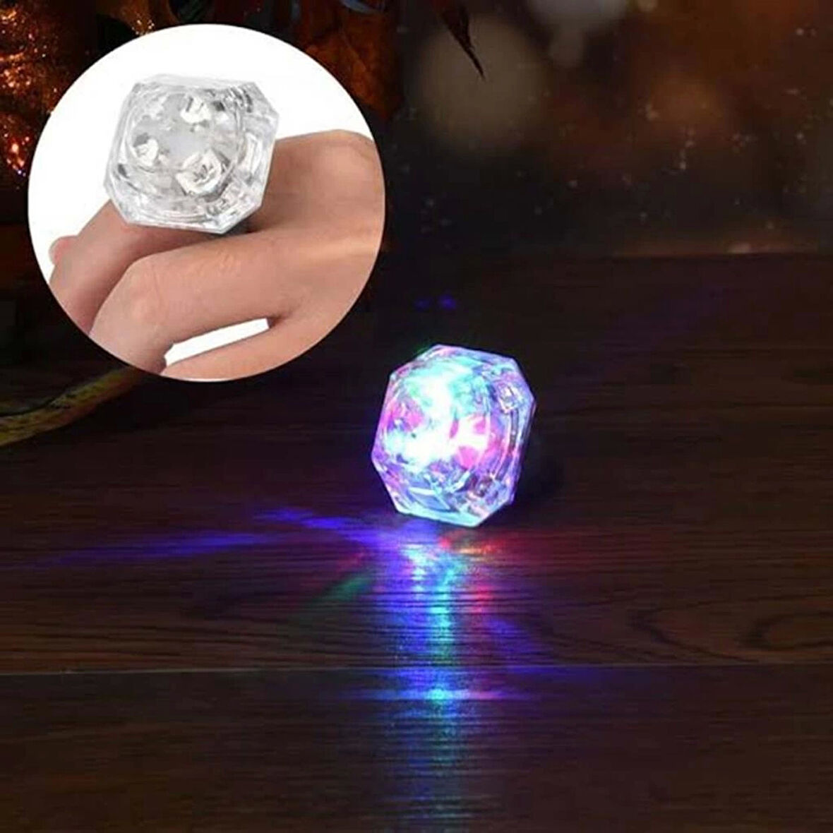 Kristal Tasarımlı Led Glow Işıklı Gümüş Yüzük 3 Modlu Işıklı Parti Yüzüğü