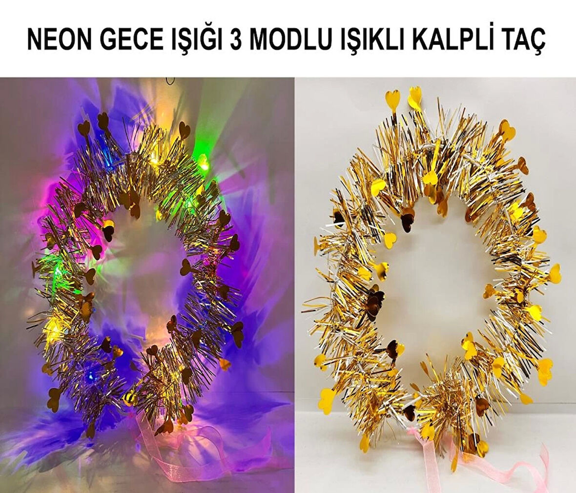 Kalp Püsküllü Gece Parıltısı 3 Modlu LED&amp;#39;li Işıklı Taç Altın Renk