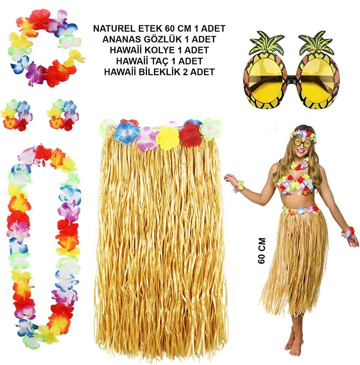 Hawaii Parti Kostüm Seti Hasır Etek, Çiçekli Aksesuarlar ve Ananas Gözlük