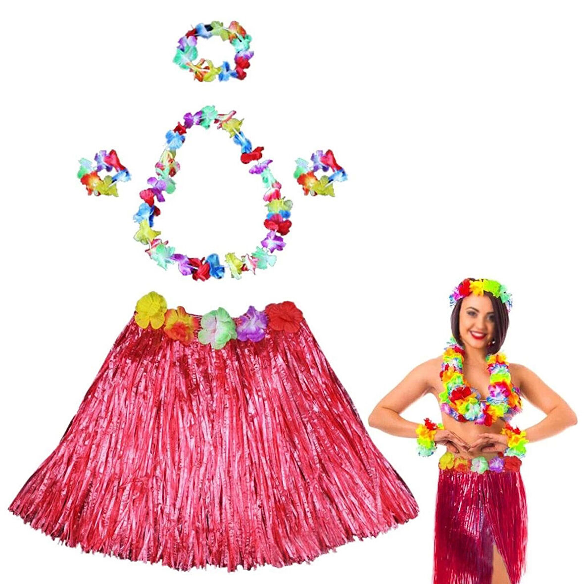 Hawaii Dans Kostümü Çiçek Kolye Seti Hula Etek Çocuk