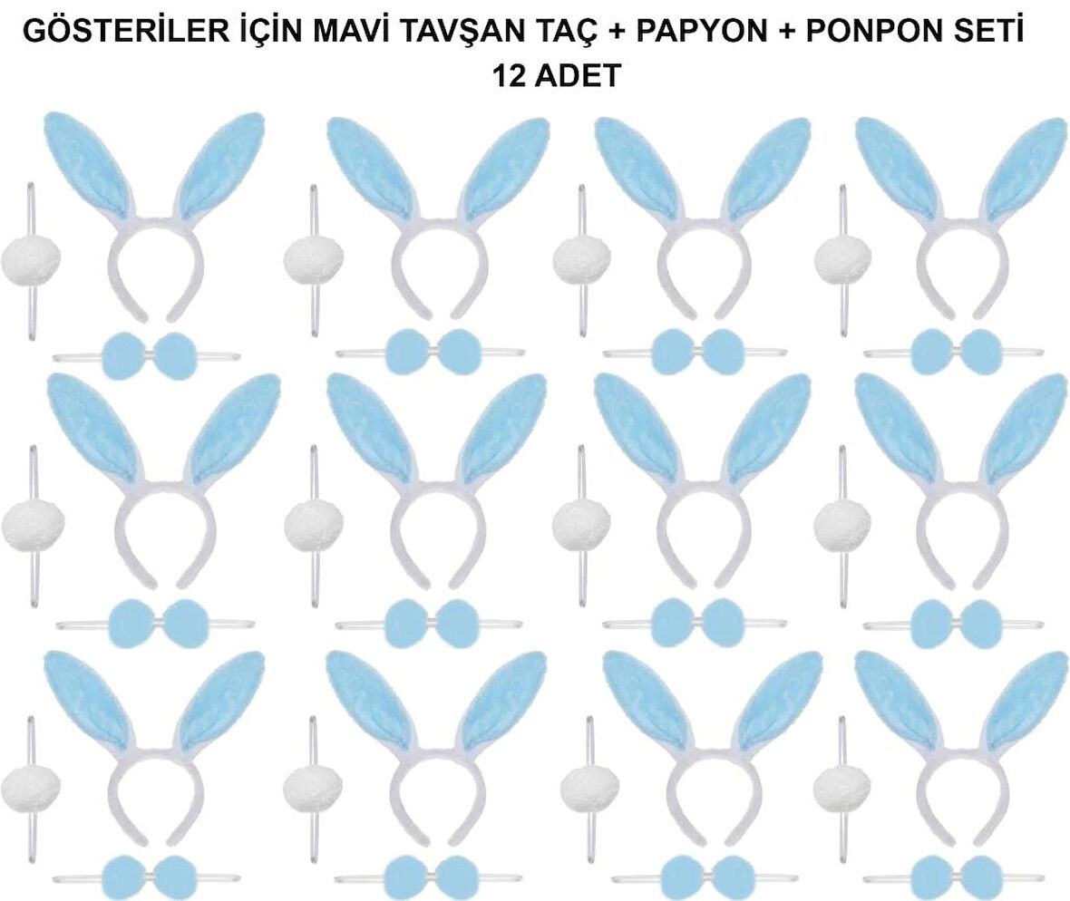 Mavi Tavşan Kostüm Seti – Taç, Papyon, Ponpon (12'li Paket) - Eğitici ve Eğlenceli Tavşan Kostümü