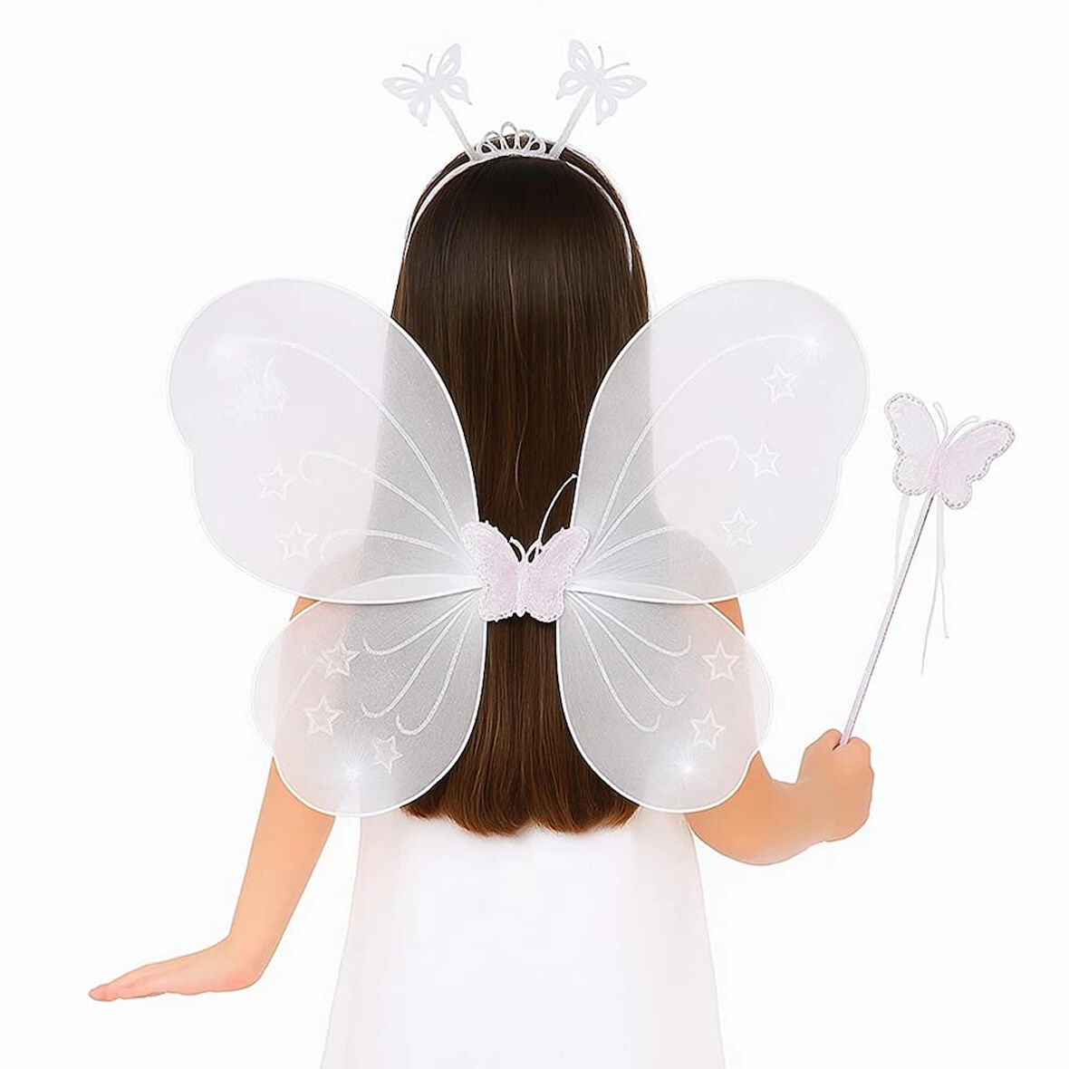 Eğitici Oyuncak Beyaz Kelebek Kız Seti – 50 cm Kelebek Kanadı, Taç ve Asa