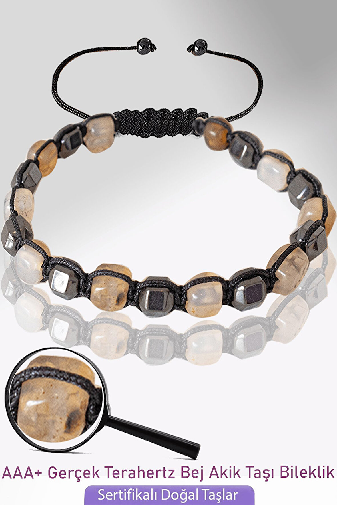 Sertifikalı Küp Model Bej Akik Taşı Bileklik - Ayarlamalı