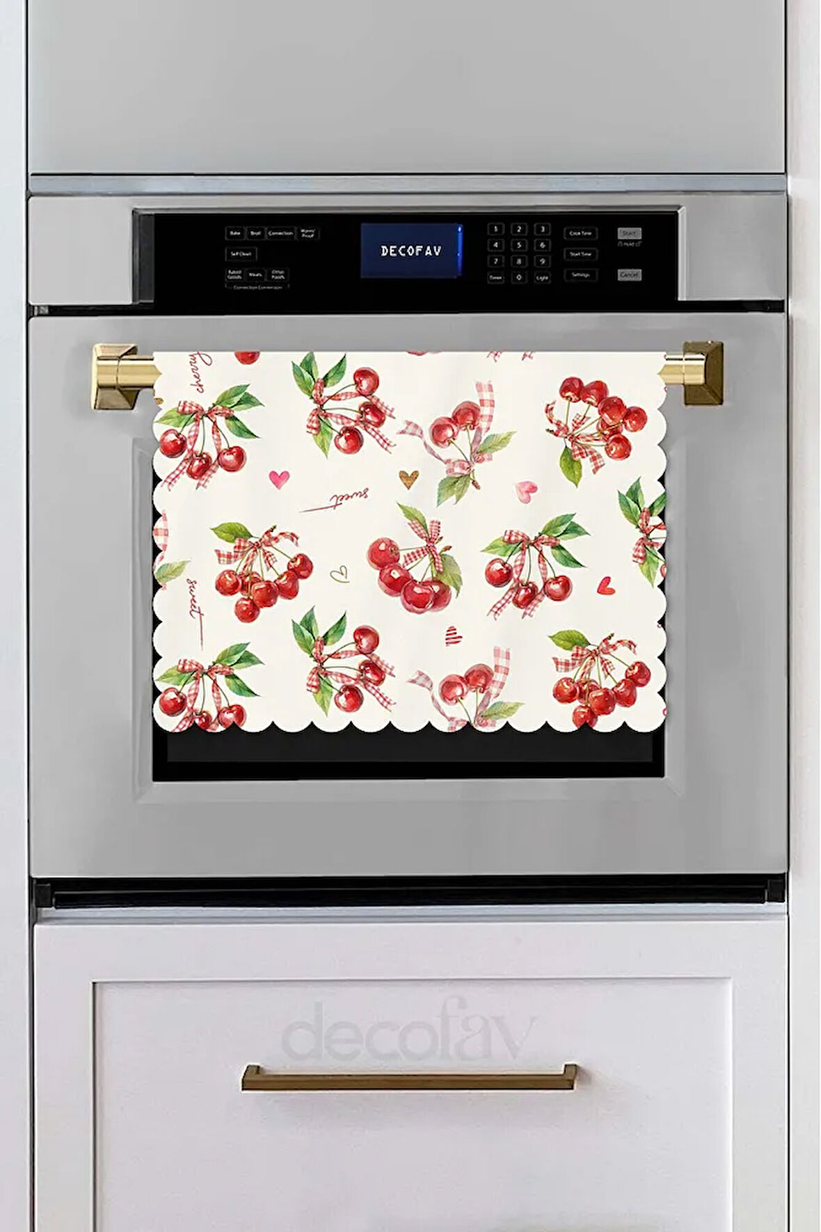 Sulu Boya Kirazlar ve Yazılar Dijital Baskılı Lazer Kesim Dikişsiz Fırın Örtüsü - 40x53cm