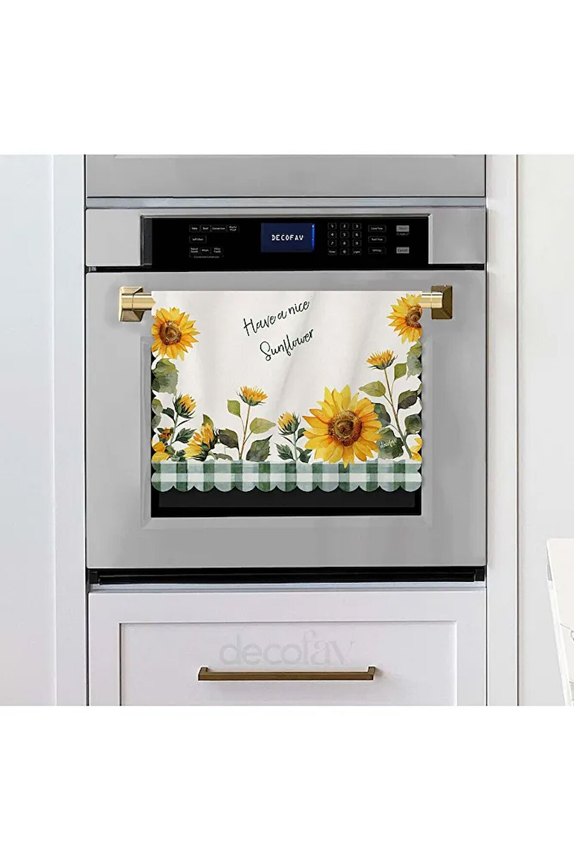 Sulu Boya Ayçiçekleri ve Slogan Tasarımlı Lazer Kesim Fırın Örtüsü 40x53cm