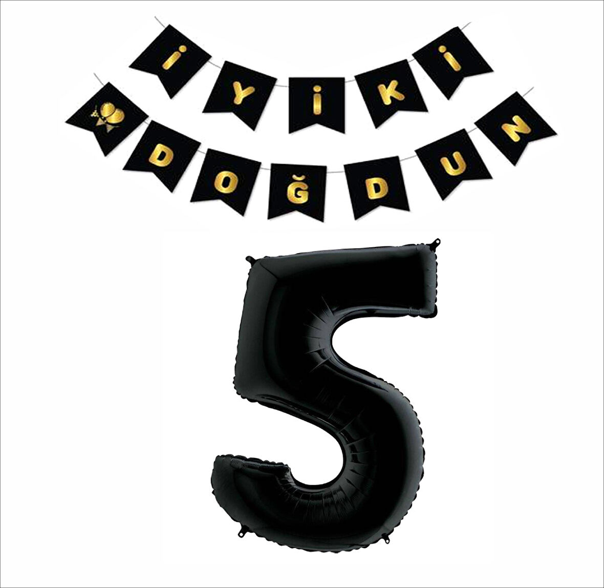 5 Yaş Siyah Folyo Balon+ Siyah Gold Banner 