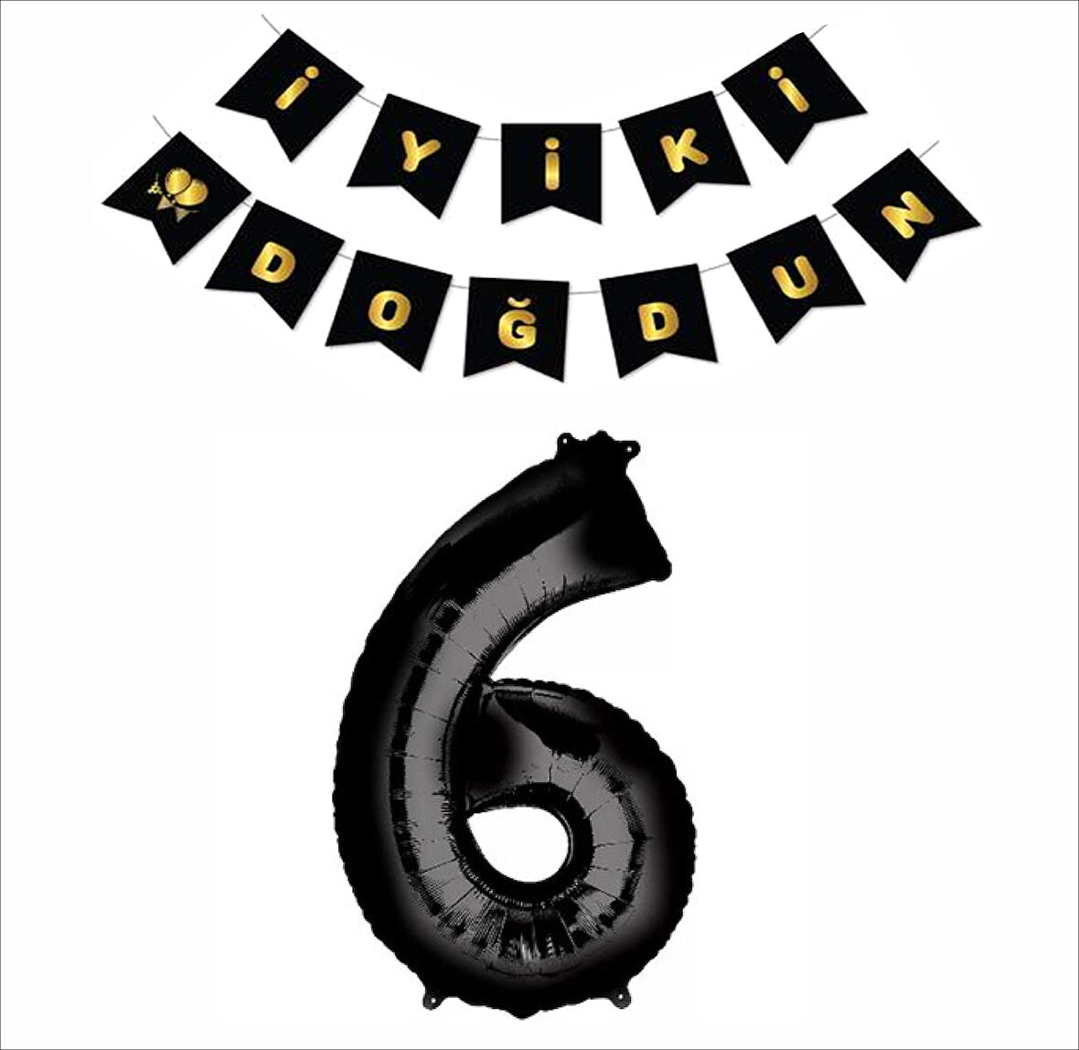 6 Yaş Siyah Folyo Balon+ Siyah Gold Banner 