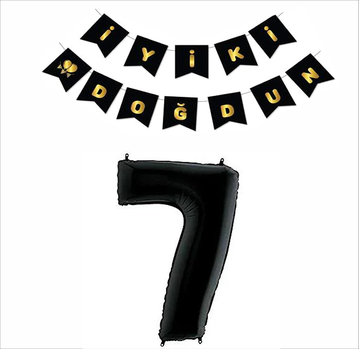 7 Yaş Siyah Folyo Balon+ Siyah Gold Banner 