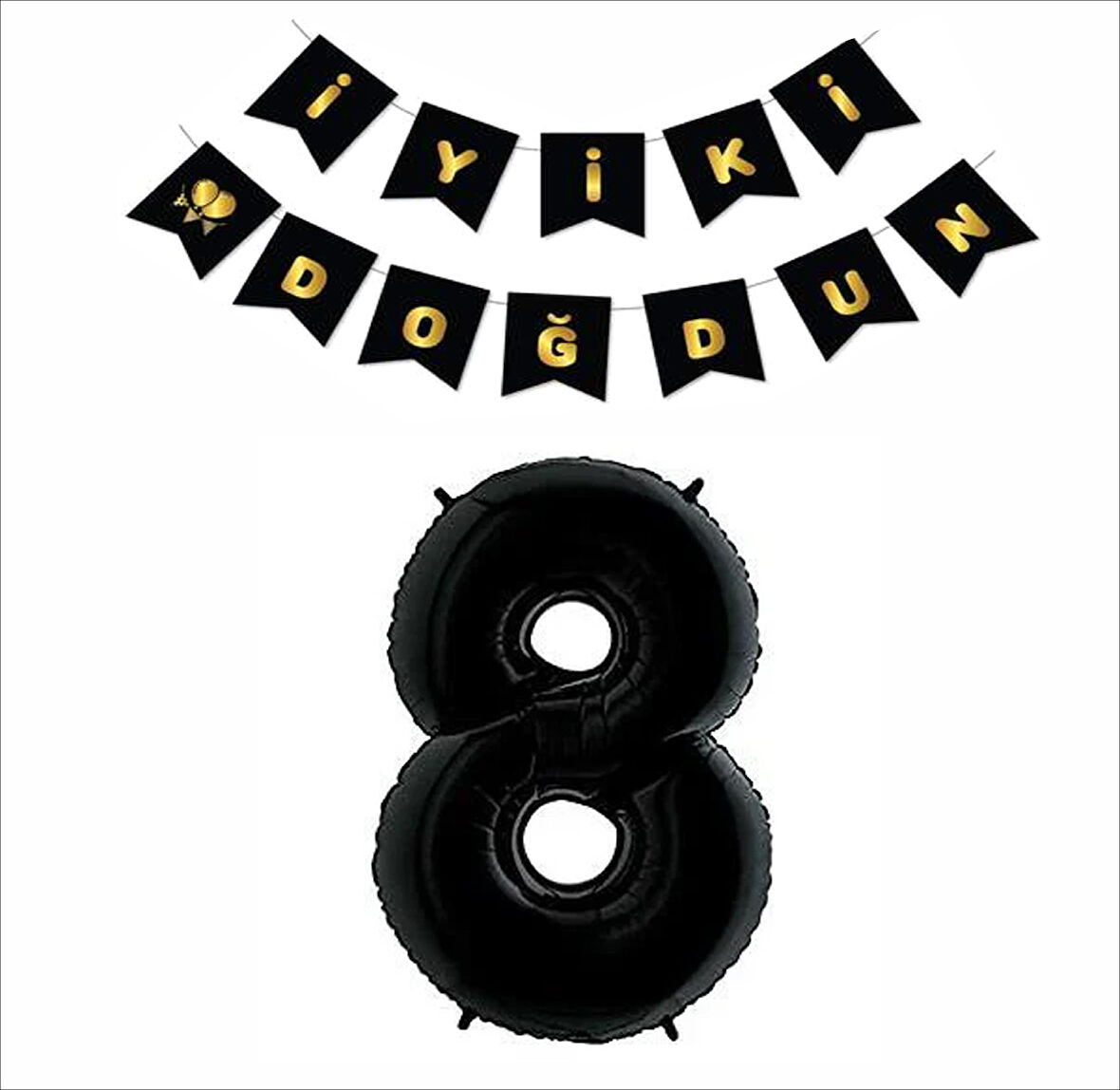 8 Yaş Siyah Folyo Balon+ Siyah Gold Banner 