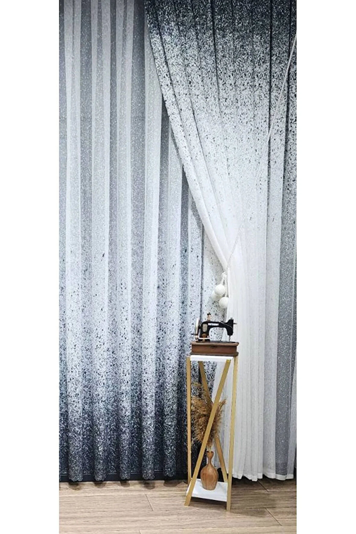 Gri Antrasit Füme Renk Geçişli Serpinti Tek Kanat Tül Fon Perde Sağ