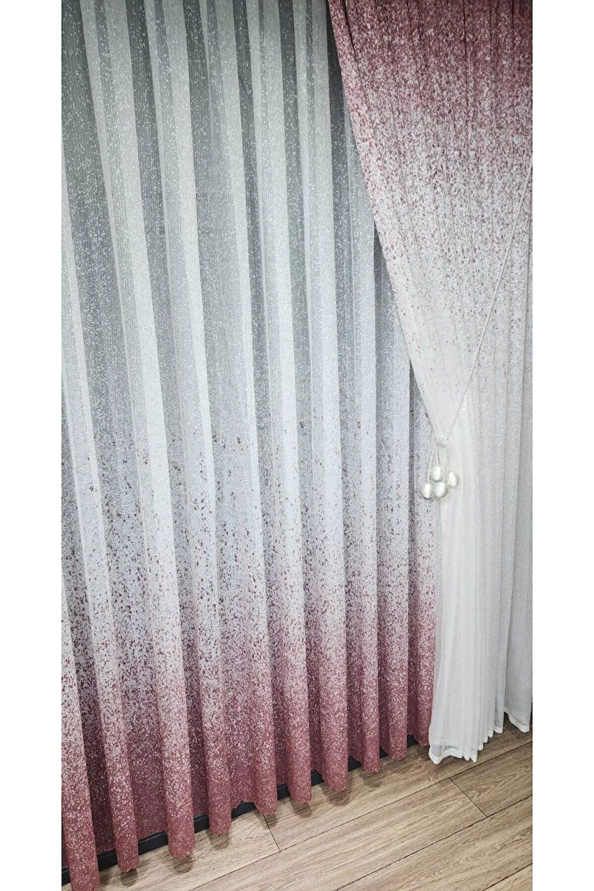 Pudra Pembe Renk Geçişli Serpinti Tek Kanat Tül Fon Perde Sağ