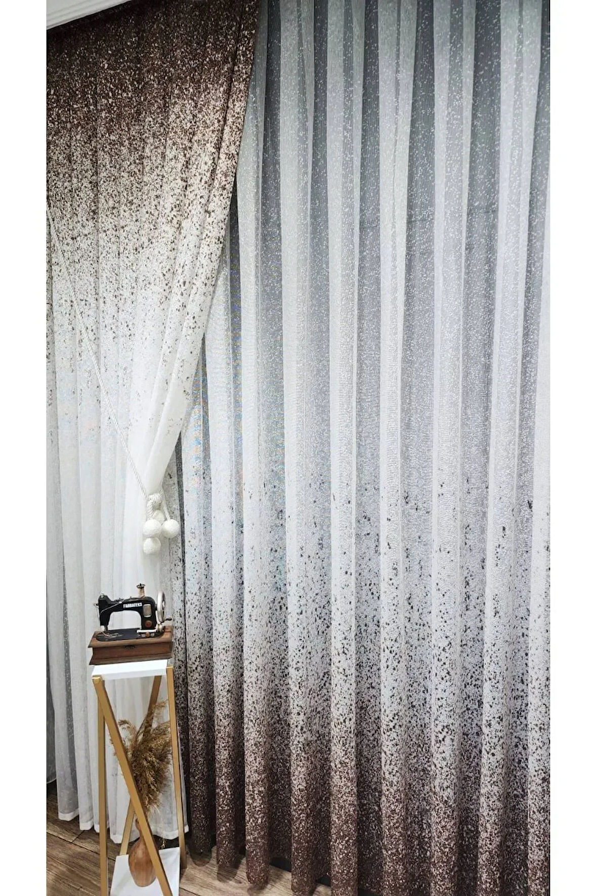 Kahverengi Bej Vizon Renk Geçişli Serpinti Tek Kanat Tül Fon Perde Sağ