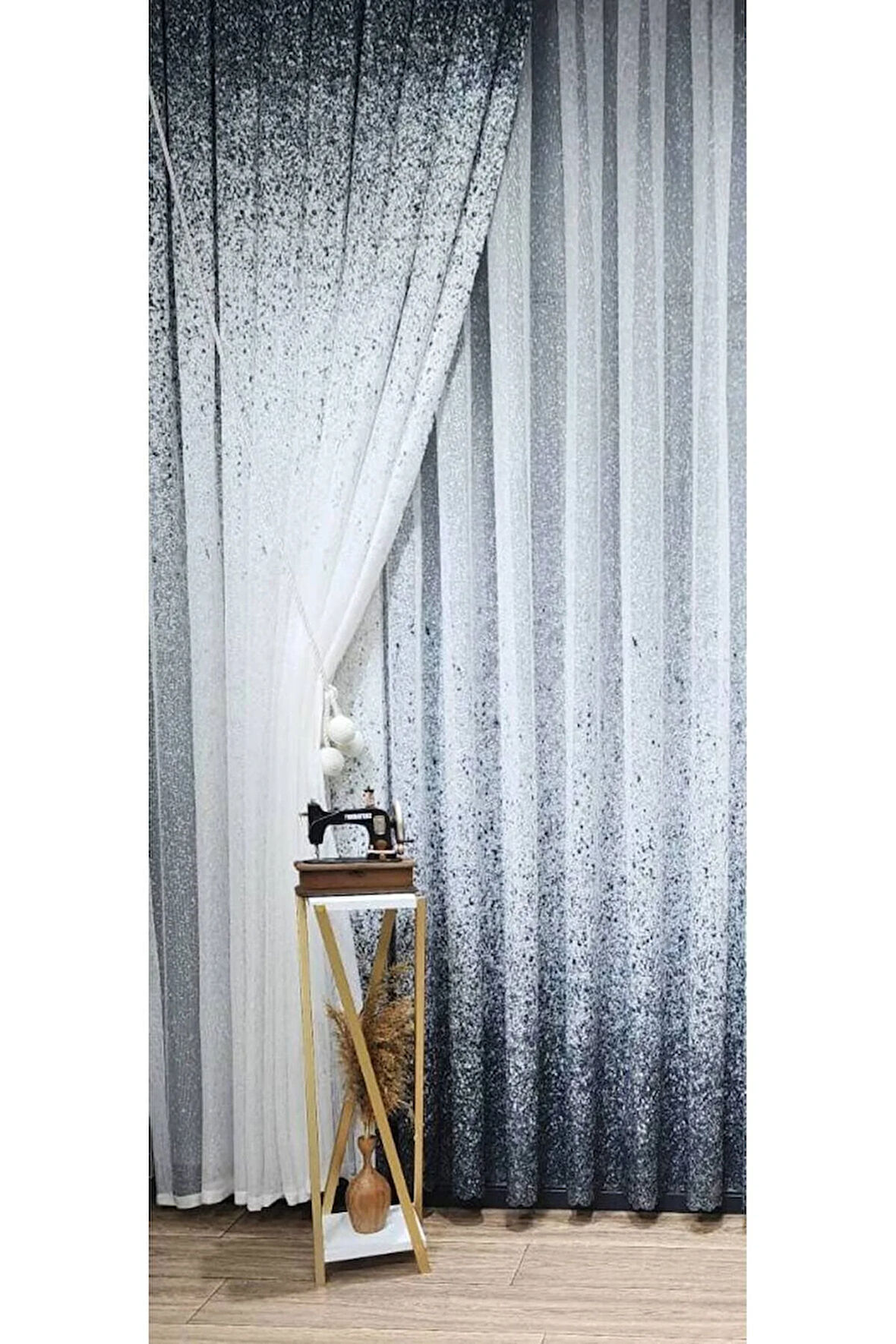 Gri Antrasit Füme Renk Geçişli Serpinti Tek Kanat Tül Fon Perde Sol