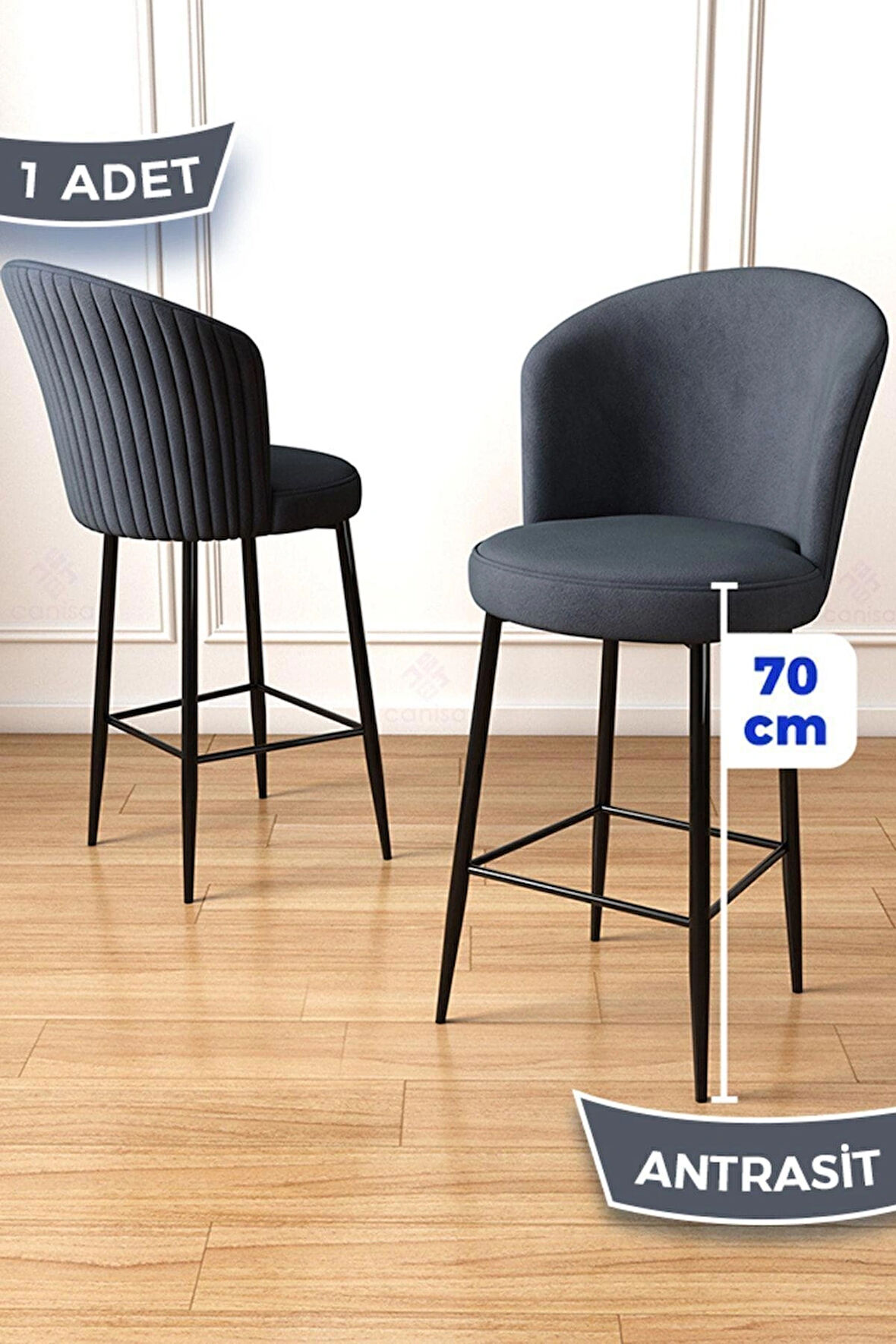 Fora Serisi 1 Adet Ada Mutfak Sandalyesi Babyface Kumaş Antrasit Bar Sandalyesi Siyah Metal Ayak