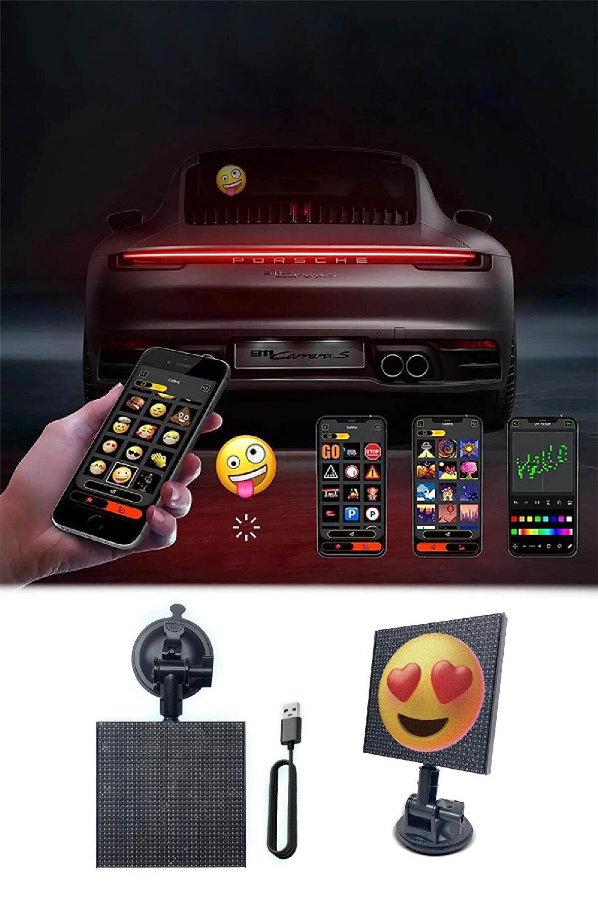 Oto Led Ekran Emoji Ekranı Bluetooth Telefon Kontrol Animasyonlu Arka Cam Led