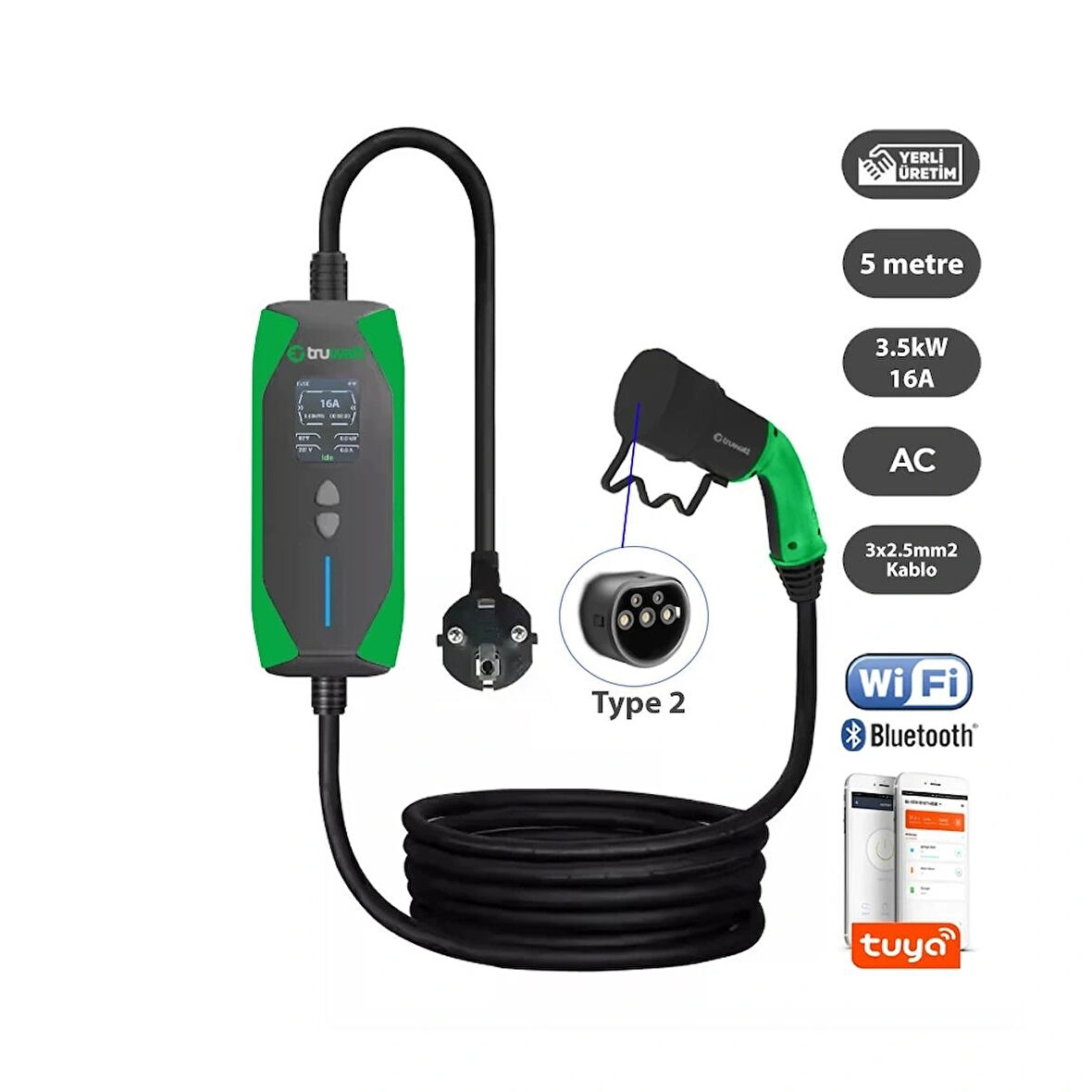 Truwatt 5 Metre 3.5kW Taşınabilir Elektrikli Araç Şarj Aleti