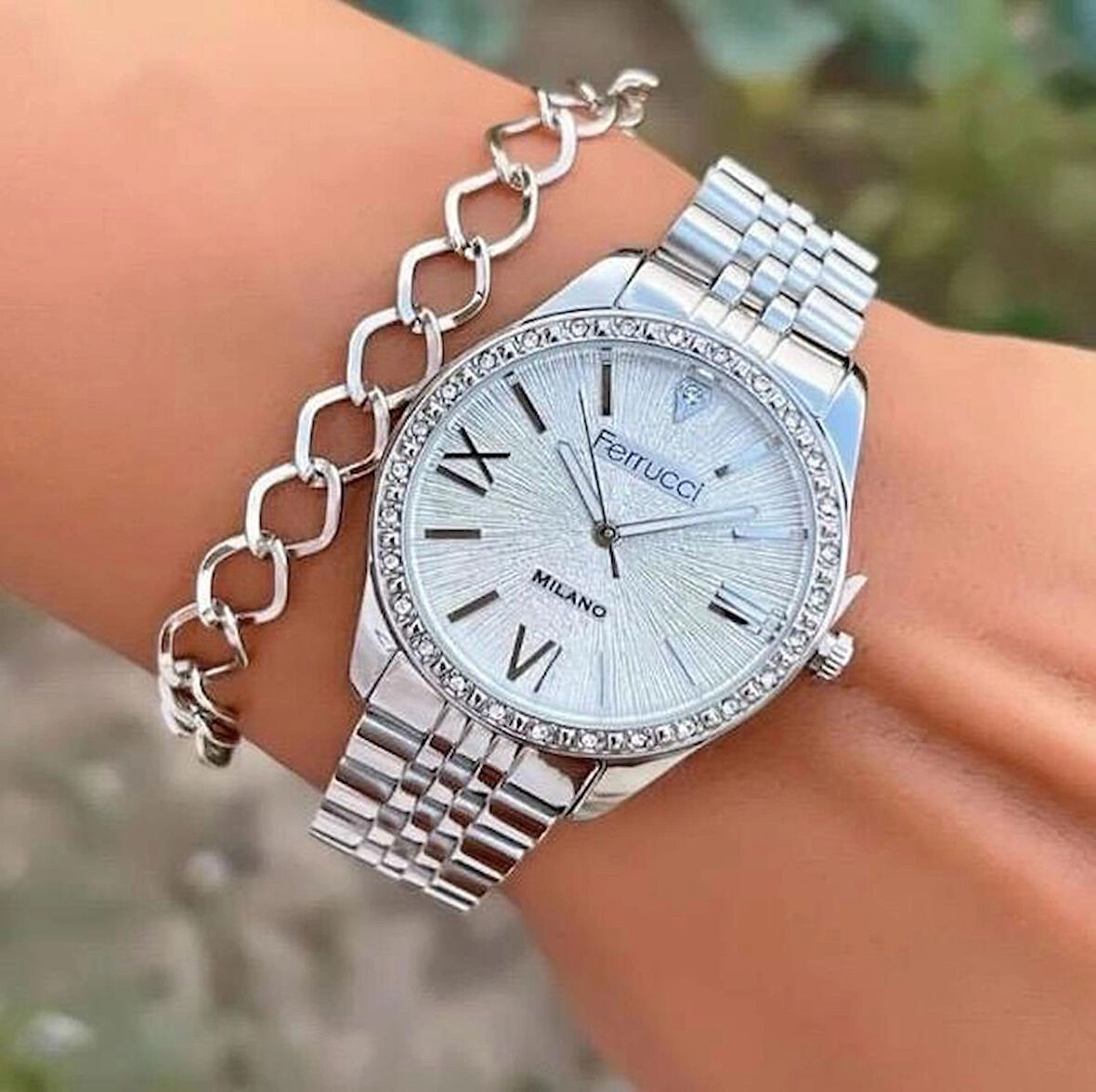 Ferrucci Taşlı Şık Modern Tasarım Çelik Kadın Kol Saat+Bileklik Hediyeli